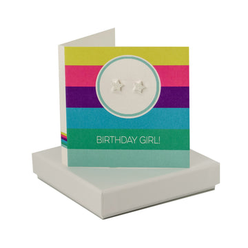 Birthday Girl Crcle Stripe Card - Sparkly Star Studs Coral and Mint